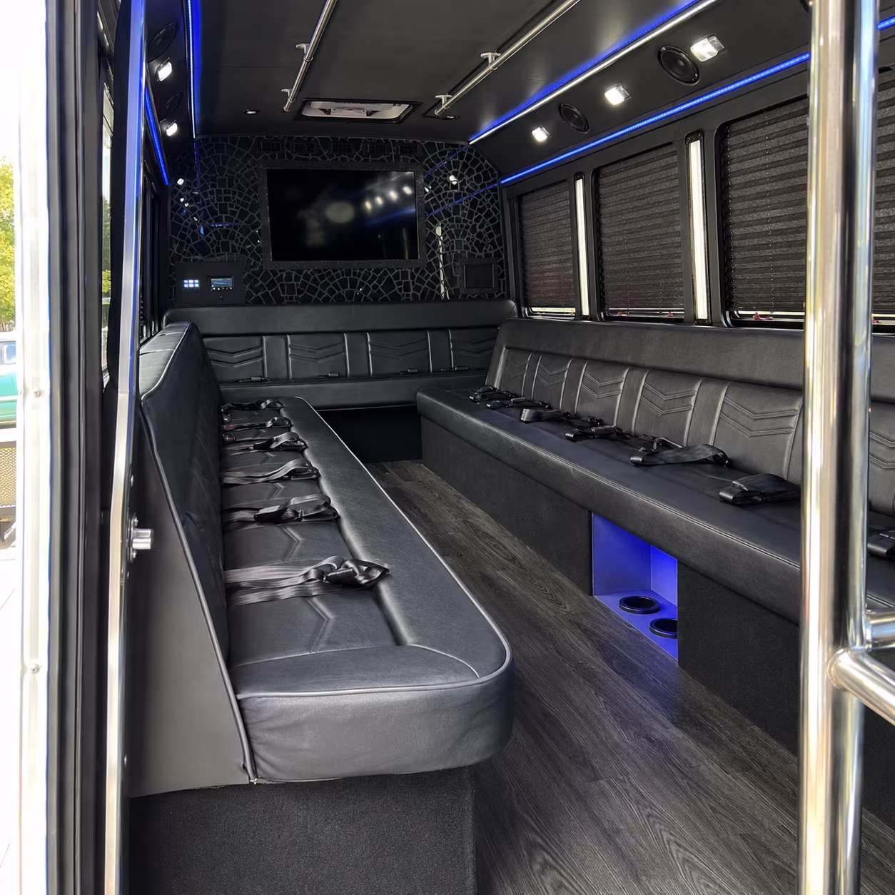 Interior of a party bus rental serving Kansas City